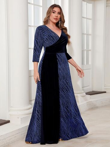Zomva Plus Size Women's Velvet Splice Fruckly Maxi Dress 3/4 Sleve V-Neck Wrap A-Line Cocktail Cocktail in Saudi Arabia