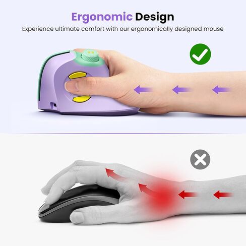 seenda MOU-302 Wireless Bluetooth Ergonomic Vertical Mouse with Volume Knob | Rechargeable 3-device mice for small/medium hands with quiet clicks, 1000/1600/2400 DPI for PC, laptop, MacBook, Green Purple in Saudi Arabia