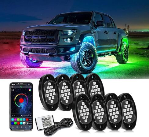 YUGUANG 8 Pods Rock Lights، APP Control Rock Lights للشاحنات مزامنة الموسيقى متعدد الألوان مقاوم للماء RGB Underglow LED مجموعة أضواء لشاحنة السيارة UTV ATV RZR SUV in Kuwait