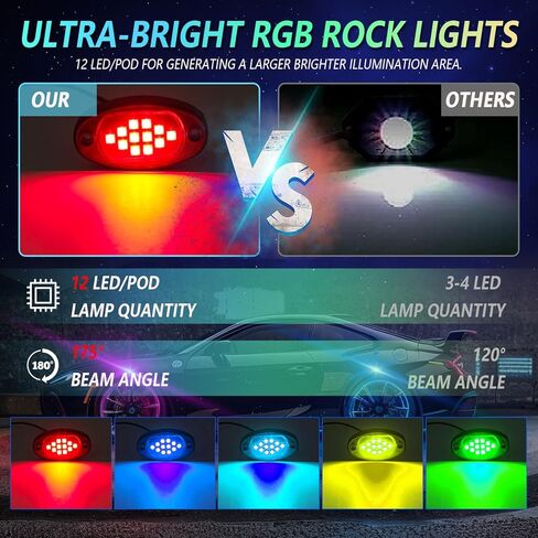 YUGUANG 8 Pods Rock Lights، APP Control Rock Lights للشاحنات مزامنة الموسيقى متعدد الألوان مقاوم للماء RGB Underglow LED مجموعة أضواء لشاحنة السيارة UTV ATV RZR SUV in Kuwait