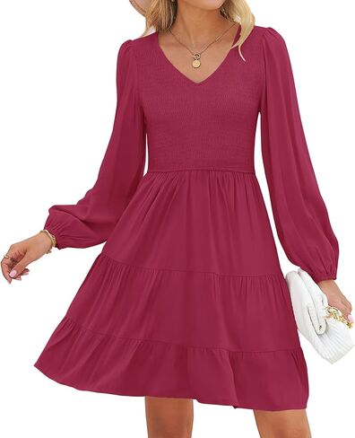 ZESICA Women's Casual V Neck Long Sleeve Smocked High Waist Ruffle A Line Tiered Mini Dress in Saudi Arabia