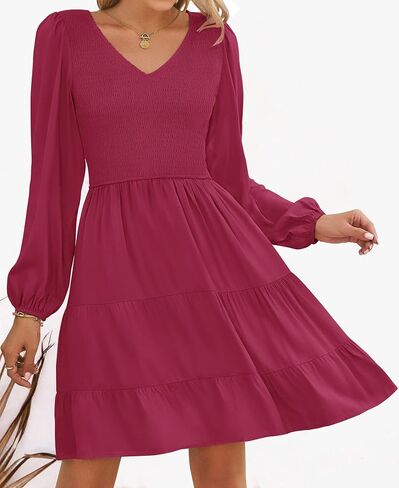 ZESICA Women's Casual V Neck Long Sleeve Smocked High Waist Ruffle A Line Tiered Mini Dress in Saudi Arabia