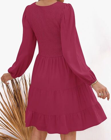 ZESICA Women's Casual V Neck Long Sleeve Smocked High Waist Ruffle A Line Tiered Mini Dress in Saudi Arabia