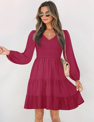 ZESICA Women's Casual V Neck Long Sleeve Smocked High Waist Ruffle A Line Tiered Mini Dress in Saudi Arabia