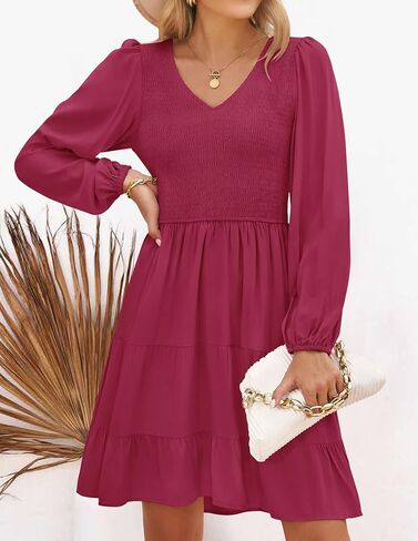ZESICA Women's Casual V Neck Long Sleeve Smocked High Waist Ruffle A Line Tiered Mini Dress in Saudi Arabia