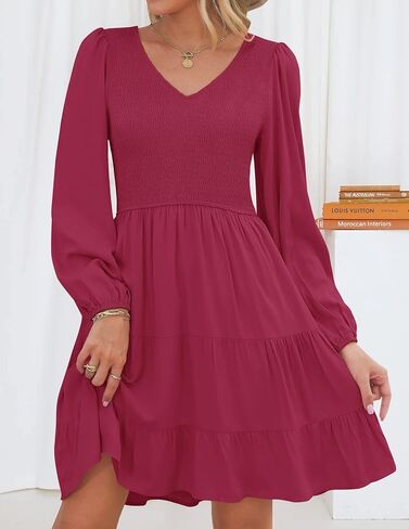 ZESICA Women's Casual V Neck Long Sleeve Smocked High Waist Ruffle A Line Tiered Mini Dress in Saudi Arabia