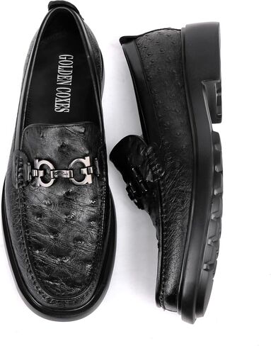 Luxury Men's Genuine Leather Dress Shoes Classic Fashion Ostrich Patterned Business Shoes Party Buckle Penny Loafer for Men, Black in Saudi Arabia
