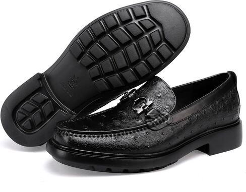 Luxury Men's Genuine Leather Dress Shoes Classic Fashion Ostrich Patterned Business Shoes Party Buckle Penny Loafer for Men, Black in Saudi Arabia