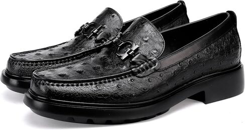 Luxury Men's Genuine Leather Dress Shoes Classic Fashion Ostrich Patterned Business Shoes Party Buckle Penny Loafer for Men, Black in Saudi Arabia