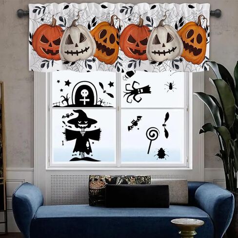 Vanleonet forances للنوافذ ، هالوين ستائر الستائر ، الستائر المطبخ اليقطين الرعب ، جيب ويب جيب القضيب القصيرة in Kuwait