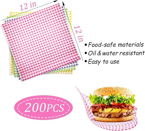 200 ورقة من ورق ديلي مقاس 30.48 سم × 30.48 سم، ورق تغليف من الشمع الجاف المقاوم للدهون للخبز والساندويتش والهامبرغر، وبطانات سلة الطعام للنزهة، والحفلات، والشواء in Kuwait