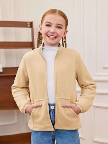 Haloumoning Girls Fleece Jacket Kids Zip Up Stand Collar Coat Fall Winter Outerwear with Pockets 5-14 Years in Saudi Arabia