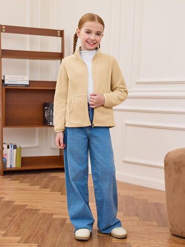 Haloumoning Girls Fleece Jacket Kids Zip Up Stand Collar Coat Fall Winter Outerwear with Pockets 5-14 Years in Saudi Arabia