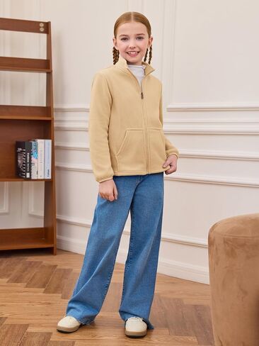 Haloumoning Girls Fleece Jacket Kids Zip Up Stand Collar Coat Fall Winter Outerwear with Pockets 5-14 Years in Saudi Arabia