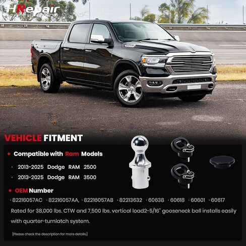 60638 Puck System Gooseneck Hitch Ball Kit fits for 2013-2025 Dodge RAM 2500 3500 2-5/16-Inch Ball - 38000 lbs GTW/ 9500 lbs VTW (W/Toolbox) in Saudi Arabia
