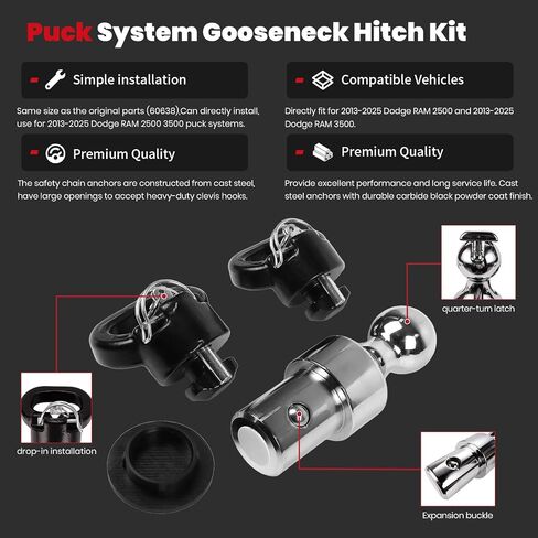 60638 Puck System Gooseneck Hitch Ball Kit fits for 2013-2025 Dodge RAM 2500 3500 2-5/16-Inch Ball - 38000 lbs GTW/ 9500 lbs VTW (W/Toolbox) in Saudi Arabia