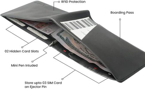 محفظة السفر الجلدية RFID - حامل جواز السفر النحيف للرجال والنساء - يناسب جواز السفر والبطاقات والسيمز و PEN & BOARDING PASS - منظم وثيقة السفر الآمن (أسود) in Saudi Arabia