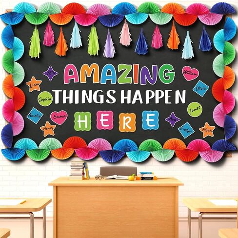 Qilery 86 Pcs Classroom Bulletin Board Decoration Amazing Things Happen Here Bulletin Board Cutouts Paper Fans Garlands Tassel Motivational Decor for School Preschool Elementary Chalkboard Wall Door in Saudi Arabia