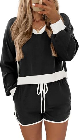 Fisoew Womens 2 قطعة ملابس عرضية V الرقبة من النوع الثقيل القميص عالي الخصر مجموعات المسارات الفضفاضة in Saudi Arabia