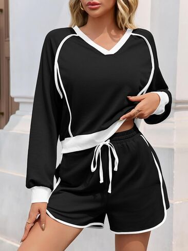 Fisoew Womens 2 قطعة ملابس عرضية V الرقبة من النوع الثقيل القميص عالي الخصر مجموعات المسارات الفضفاضة in Saudi Arabia