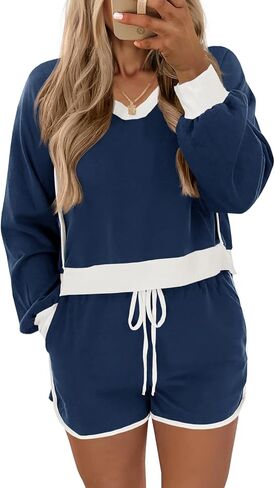 Fisoew Womens 2 قطعة ملابس عرضية V الرقبة من النوع الثقيل القميص عالي الخصر مجموعات المسارات الفضفاضة in Kuwait