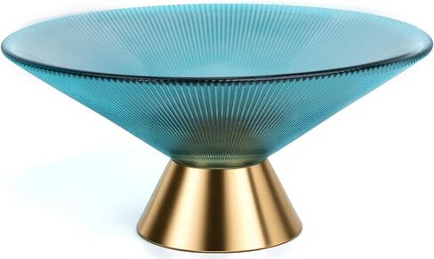 Tapered Glass Decorative Bowl (Pink) - 9.8-Inch Handblown Vertically Ribbed Design Fruit Bowl with Rust-Resistant Metal Base - For Centerpiece, Kitchen Island, Dining Table in Saudi Arabia