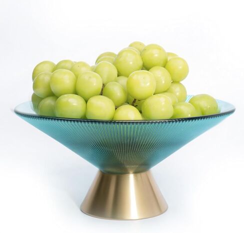 Tapered Glass Decorative Bowl (Pink) - 9.8-Inch Handblown Vertically Ribbed Design Fruit Bowl with Rust-Resistant Metal Base - For Centerpiece, Kitchen Island, Dining Table in Saudi Arabia