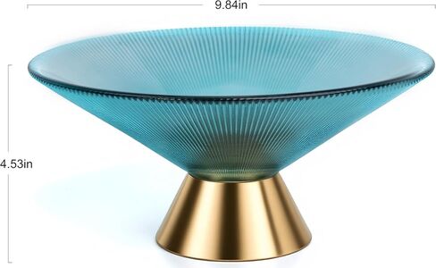 Tapered Glass Decorative Bowl (Pink) - 9.8-Inch Handblown Vertically Ribbed Design Fruit Bowl with Rust-Resistant Metal Base - For Centerpiece, Kitchen Island, Dining Table in Saudi Arabia