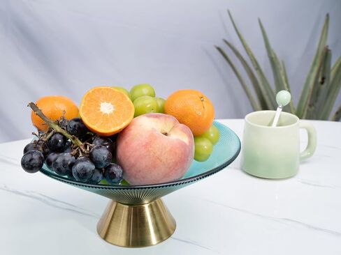 Tapered Glass Decorative Bowl (Pink) - 9.8-Inch Handblown Vertically Ribbed Design Fruit Bowl with Rust-Resistant Metal Base - For Centerpiece, Kitchen Island, Dining Table in Saudi Arabia