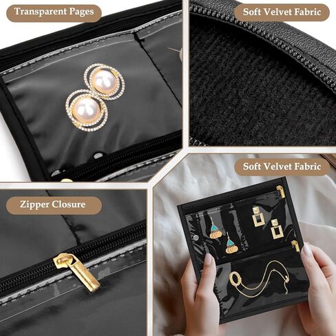 Yotako Travel Jewelry Organizer Case-Jewelry Organizer Jewelry Storage Book Binder with Clear Zipper Velvet Pouch for Travel Home Use, Jewelry Bags for Earrings, Rings, Necklace, Bracelet, Black in Kuwait