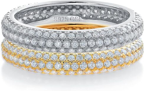 Gem Stone King 18K Yellow Gold Plated and White Silver Moissanite 3-Rows Micro Pave Setting Eternity Wedding Band Set of 2 Rings For Women (1.08 Cttw Each, Available in Size 5,6,7,8,9) in Saudi Arabia
