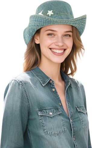 DOCILA Denim Cowboy Hat Women Cozy Western Blue Jean Cowgirl Bucket Sun Hats Packable Fisherman Boonie Cap in Saudi Arabia