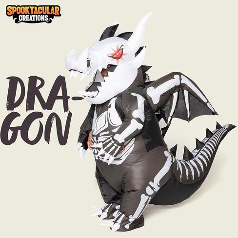 Spooktacular Creations Inflatable Costume for Kids, LED Light Eyes Dragon Skeleton Air Blow Up Costume, 3D Horns Wings for Halloween Parties (3ft11" - 4ft7") in Saudi Arabia
