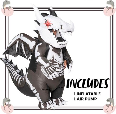 Spooktacular Creations Inflatable Costume for Kids, LED Light Eyes Dragon Skeleton Air Blow Up Costume, 3D Horns Wings for Halloween Parties (3ft11" - 4ft7") in Saudi Arabia