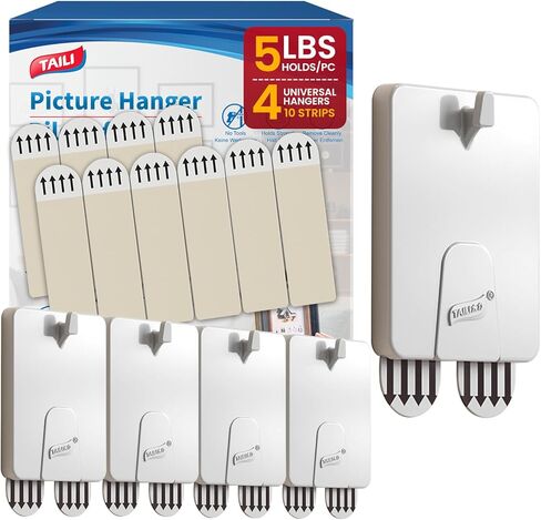 شماعات صور TAILI 4 عبوات، خطافات تعليق الصور اللاصقة بدون أظافر، لا يوجد ضرر لشماعات صور مسننة، خطافات شماعات فنية للحمام والمطبخ وخزانة باب المنزل، باللون الأبيض in Kuwait
