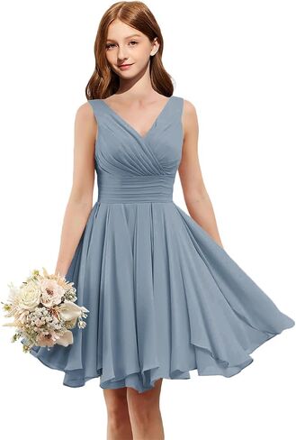 Homecoming Dresses for Teens V Neck Short Junior Bridesmaid Dresses Chiffon A Line Ruched Formal Party Prom Gown Ruffles in Saudi Arabia