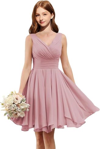Homecoming Dresses for Teens V Neck Short Junior Bridesmaid Dresses Chiffon A Line Ruched Formal Party Prom Gown Ruffles in Saudi Arabia