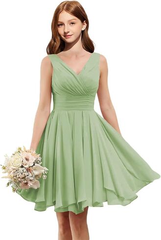 Homecoming Dresses for Teens V Neck Short Junior Bridesmaid Dresses Chiffon A Line Ruched Formal Party Prom Gown Ruffles in Saudi Arabia