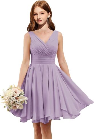 Homecoming Dresses for Teens V Neck Short Junior Bridesmaid Dresses Chiffon A Line Ruched Formal Party Prom Gown Ruffles in Saudi Arabia