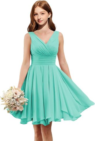Homecoming Dresses for Teens V Neck Short Junior Bridesmaid Dresses Chiffon A Line Ruched Formal Party Prom Gown Ruffles in Saudi Arabia