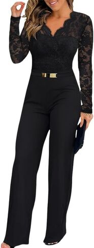 CHICME Womens Dressy Lace Jumpsuit 2025 Casual Fall Long Sleeve V-Neck Straight Leg Overalls in Saudi Arabia