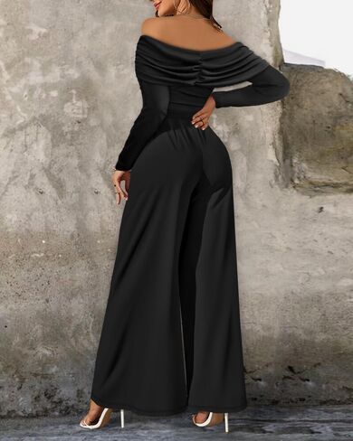 CHICME Womens Dressy Long Sleeve Jumpsuit 2025 Fall Off Shoulder Ruched Buckle Decor Cocktail Wide Leg Jumpsuit in Kuwait