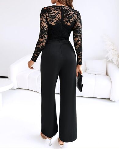 CHICME Womens Dressy Lace Jumpsuit 2025 Casual Fall Long Sleeve V-Neck Straight Leg Overalls in Saudi Arabia