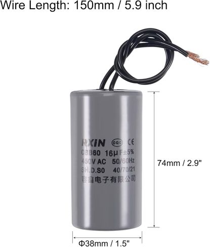 uxcell CBB60 Run Capacitor 16uF 450V AC 2 Wires 50/60Hz Cylinder 74x38mm for Air Compressor Water Pump Motor in Saudi Arabia