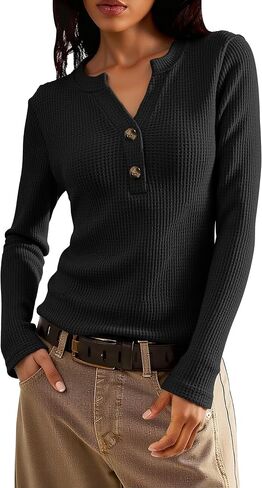 جرة من الحب للسيدات وافل المساكين قمم طويلة الأكمام القمصان Henley Tops V-Deac Button أسفل القمصان الحرارية تسقط ملابس in Kuwait