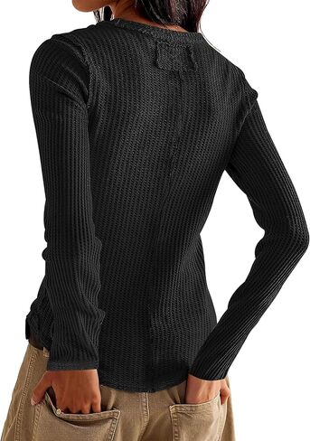 جرة من الحب للسيدات وافل المساكين قمم طويلة الأكمام القمصان Henley Tops V-Deac Button أسفل القمصان الحرارية تسقط ملابس in Kuwait