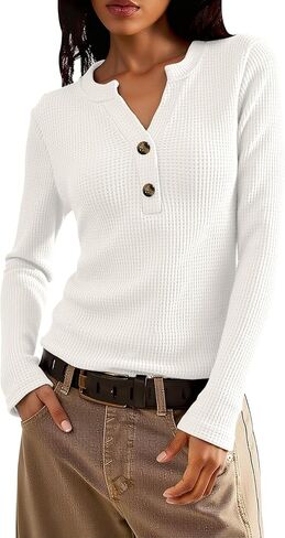 جرة من الحب للسيدات وافل المساكين قمم طويلة الأكمام القمصان Henley Tops V-Deac Button أسفل القمصان الحرارية تسقط ملابس in Kuwait
