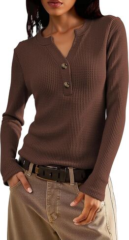 جرة من الحب للسيدات وافل المساكين قمم طويلة الأكمام القمصان Henley Tops V-Deac Button أسفل القمصان الحرارية تسقط ملابس in Kuwait