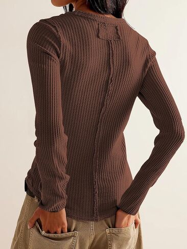 جرة من الحب للسيدات وافل المساكين قمم طويلة الأكمام القمصان Henley Tops V-Deac Button أسفل القمصان الحرارية تسقط ملابس in Kuwait