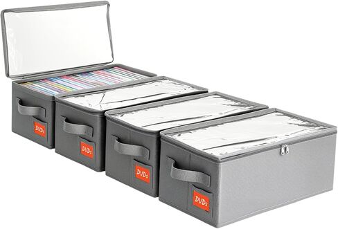 DVD Storage Box – DVD Case with Clear PVC Lid – DVD Shelf Organizer for 25 Standard DVD Cases – Foldable & Stackable Media Storage Solution – 4Pack(Gray) in Kuwait